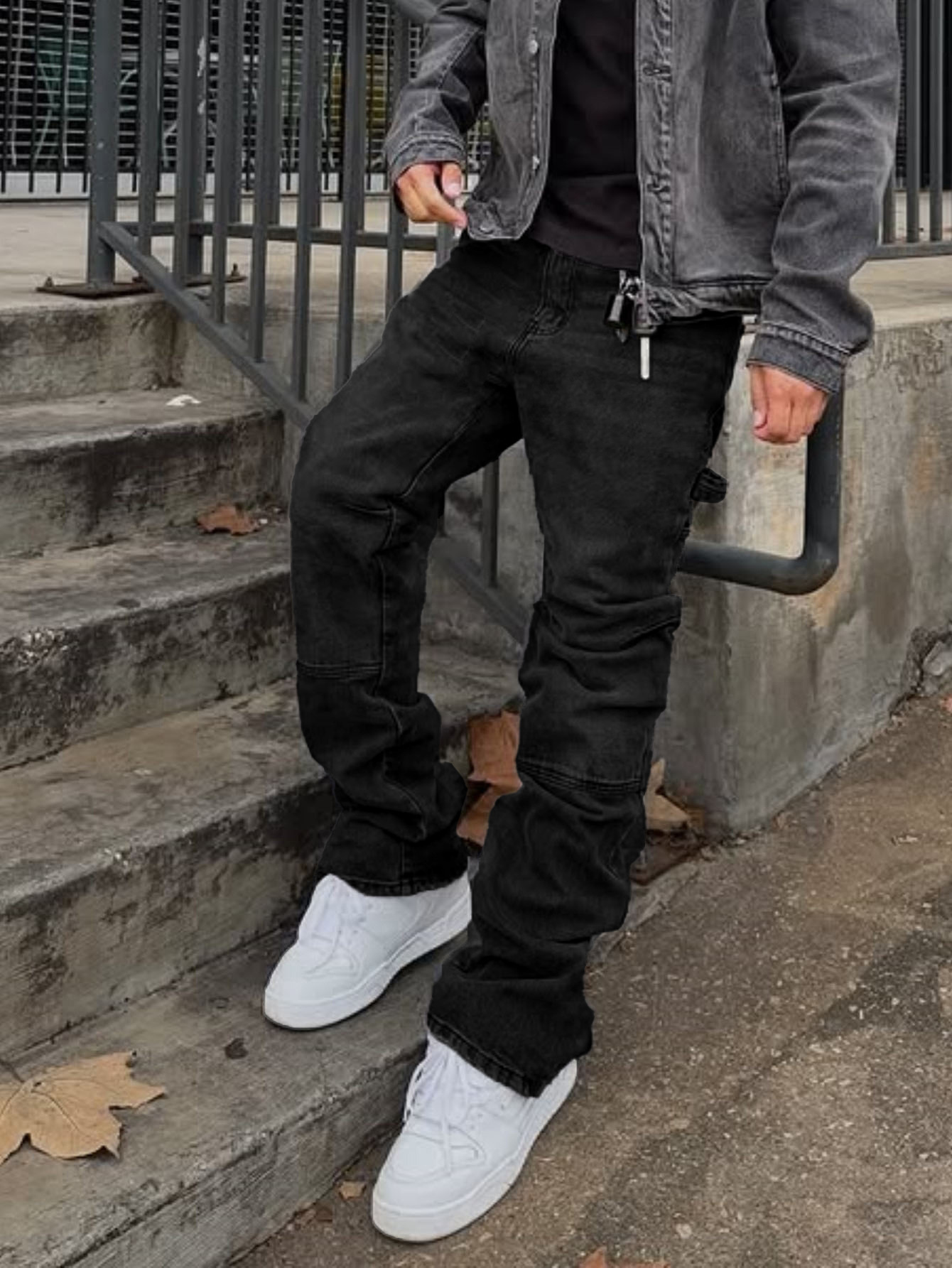 Men's Loose Fit Wide Leg Jeans Casual Ripped Hip Hop Style Stretch Flare Long Pants mid Waist Blue_mkmklike.com