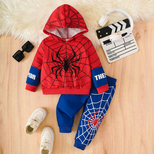 Foreign trade cross-border wholesale supply European and American spider pattern hooded color matching trousers suit for girls spring