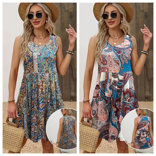 Summer 2025 Women's Dress Strappy Sleeveless Fitted Bodycon Comfortable Print