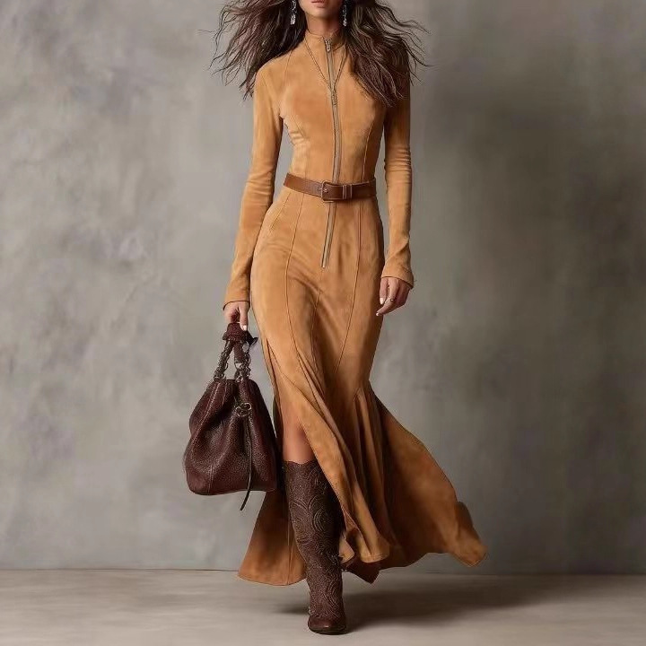 2026 High Quality Reversible Cashmere New Autumn Fashion Elegant Zip Stand Up Neck Dress_ecoleips.com