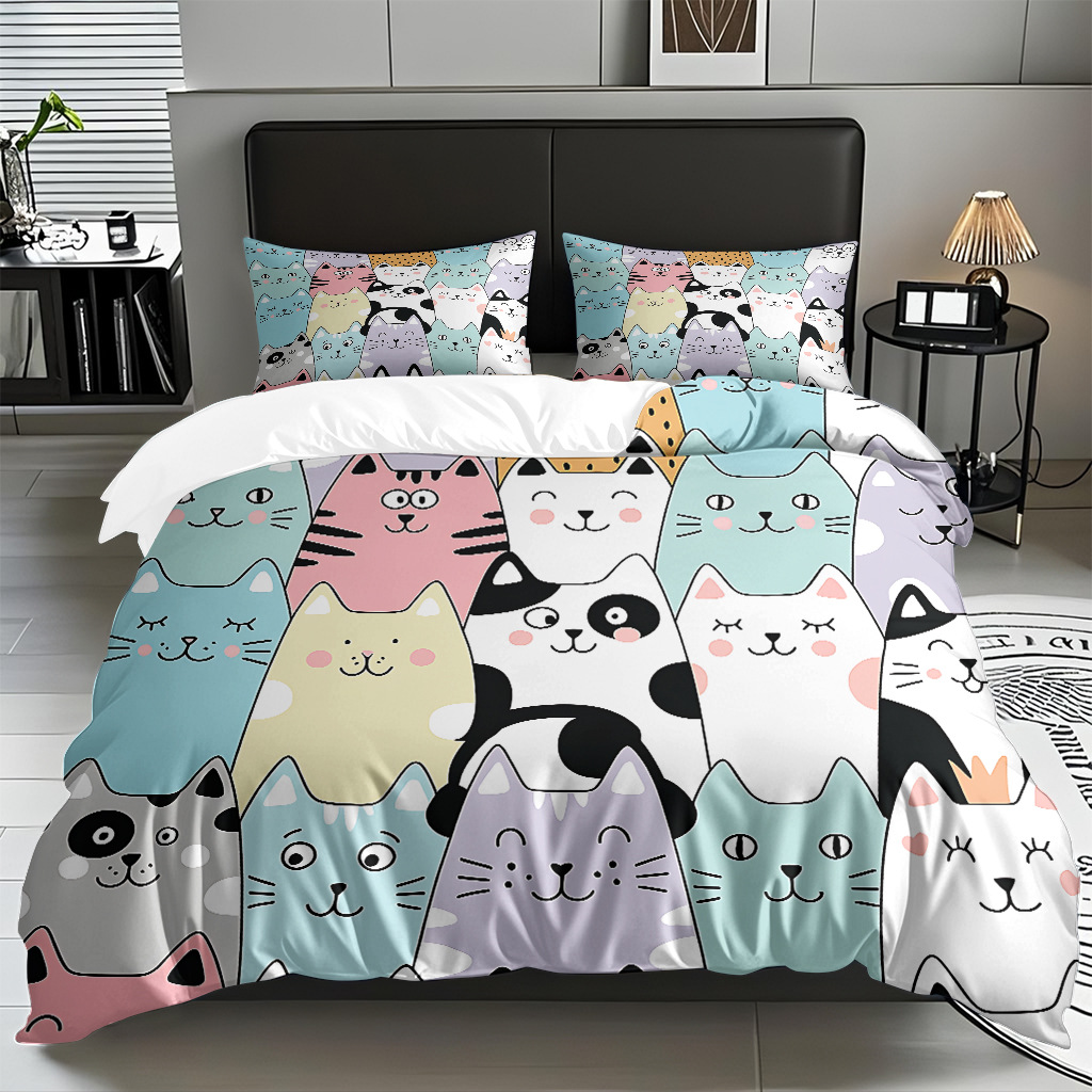 Transfronterizo textil doméstico molido caricatura gatito impresión digital suave permeable colcha colcha set fuente fábrica Temu / JIT