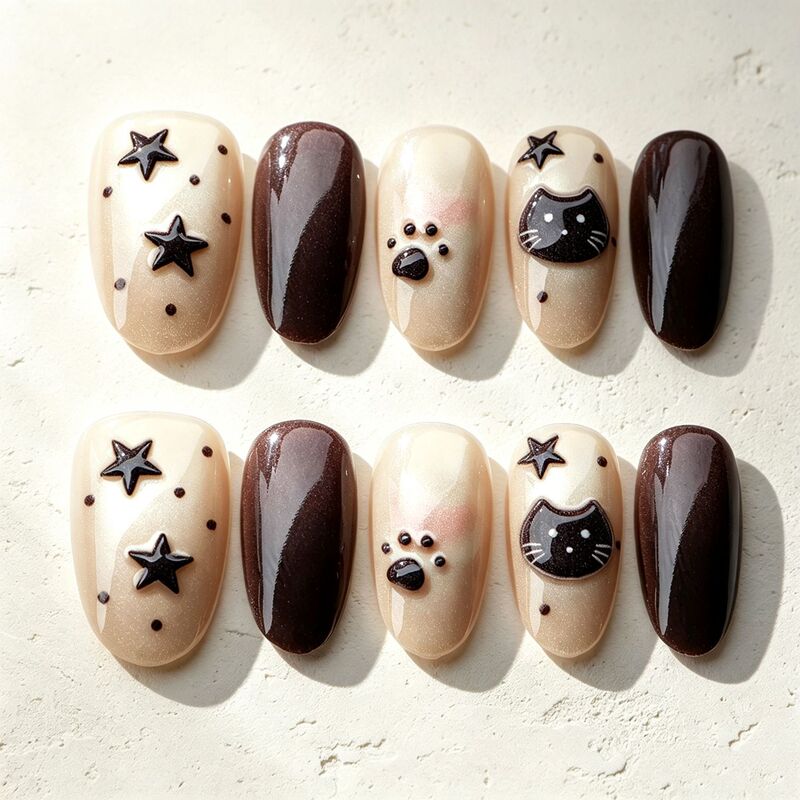 Popular cross-border foreign trade item: Nude cat-eye wearable black star 3D cartoon manicure detachable fake nails