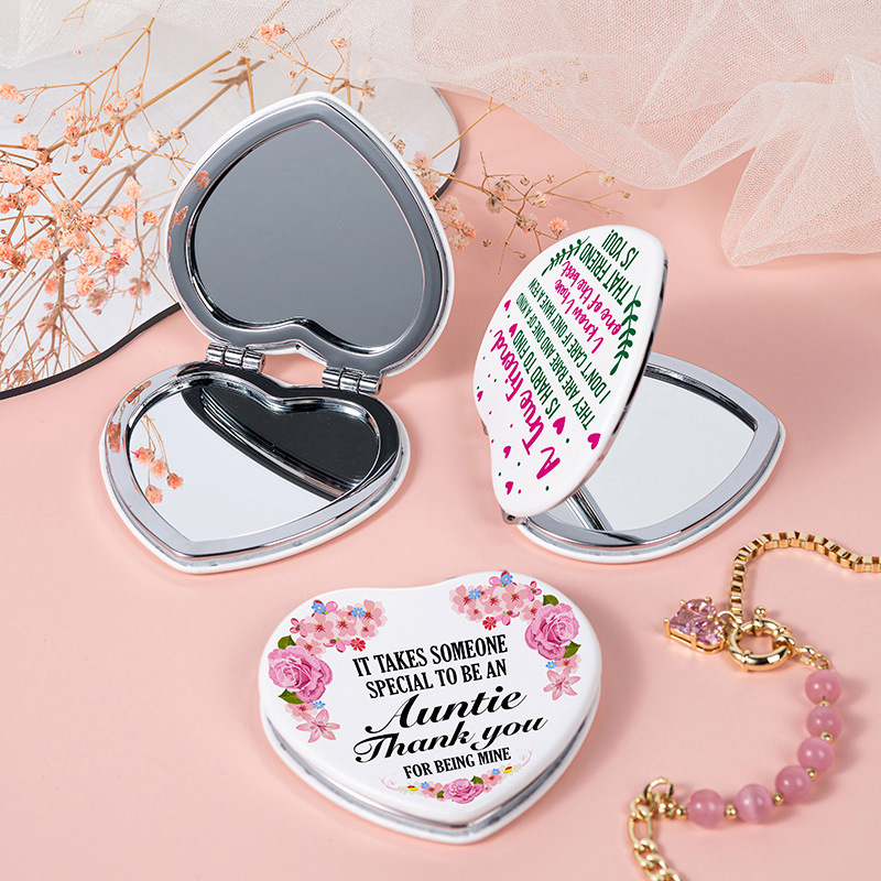 Espejo portátil con funda de PU en forma de corazón, estilo ins