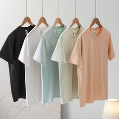 夏230g純綿半袖女性カジュアルtシャツ男性丸首半袖純色上着ゆるいカップル服卸売り