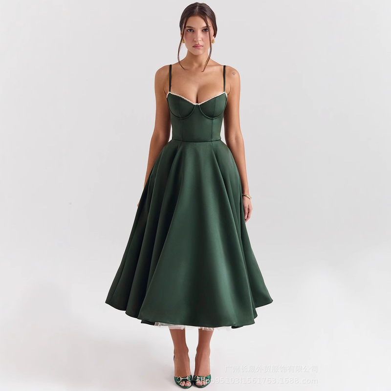2024 Summer European and American Cross-Border Heavy-Duty French-Style Fishbone Waist-Cinching Strapless Sexy Hot Girl Mid-Length Dress with Mesh Patchwork