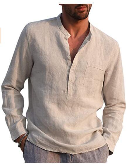 Herren Casual Hemd Mit V-ausschnitt Aus Baumwolle Und Leinen_voghion.com