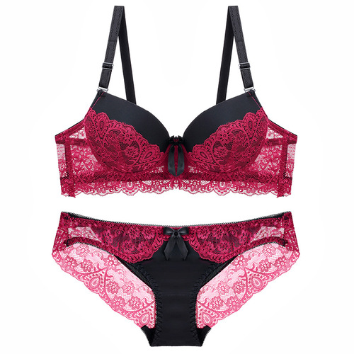 Cross-border sexy lace bra set foreign trade hollow thin briefs underwear set push-up B color matching Amazon