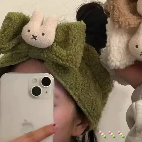 New Product Plaid Rabbit Plush Hair Band with Bow Hair Accessory Wide Edge Cute Style Face Washing Mask Hair Tie