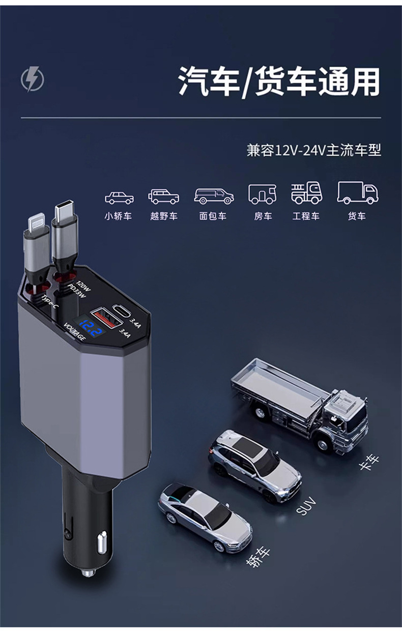 Digital Display Car Phone Charger PD120W Super Fast Charging 4-in-1 Retractable Cable Car Charger Universal Car Accessories