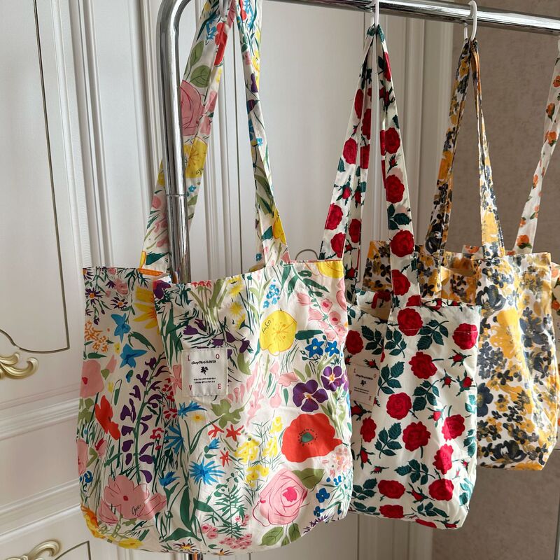 Spring and summer new small floral cotton shoulder bag large capacity tote bag female portable student shopping bag wholesale