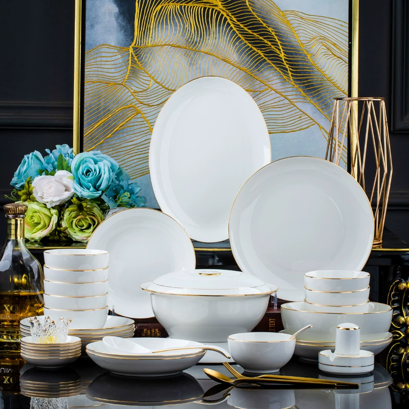 Декоративная керамическая посуда из Jingdezhen, ручная работа, золотая глазурь, фарфор с золотой каймой, рисовая тарелка, простая чаша и набор блюд, подарок, оптом