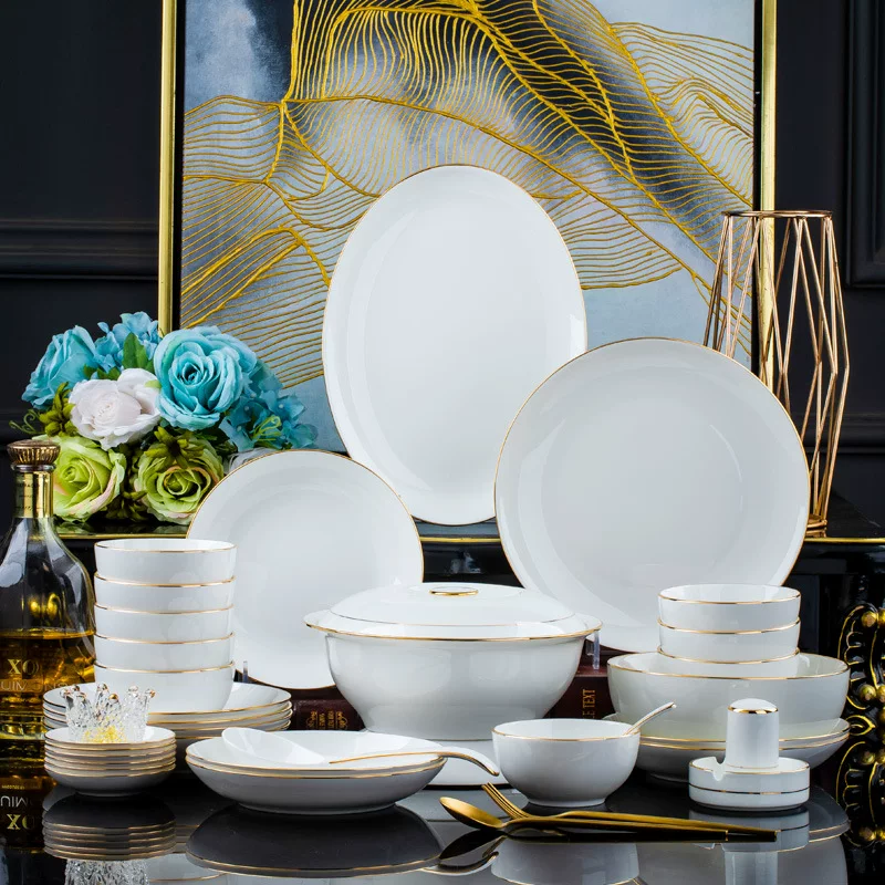 Декоративная керамическая посуда из Jingdezhen, ручная работа, золотая глазурь, фарфор с золотой каймой, рисовая тарелка, простая чаша и набор блюд, подарок, оптом