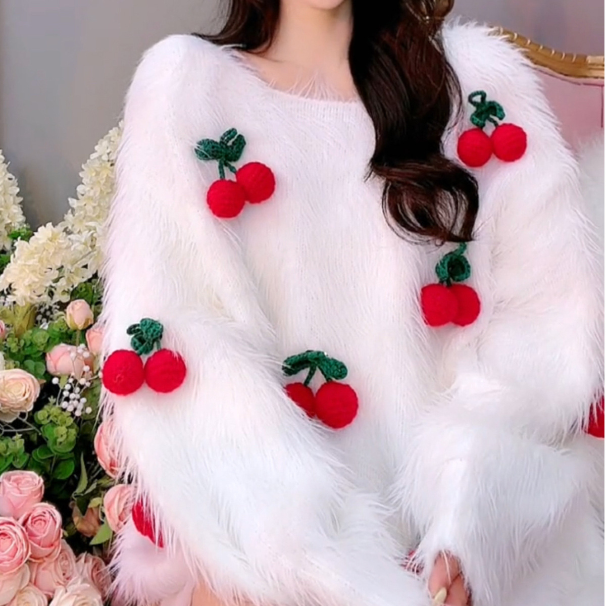 스웨터 커스텀 달콤한 3 차원 체리 두꺼운 느슨한 스웨터 여성의 2023 새로운 게으른 스타일 신선한 스타일 스웨터