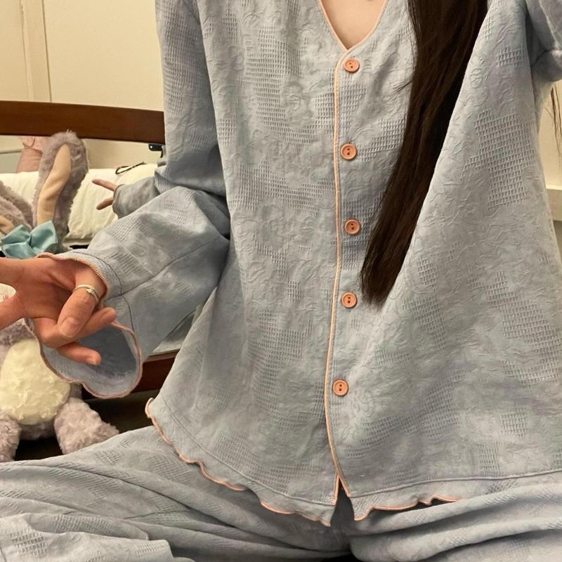 温柔风韩系简约褶皱装饰睡衣女士春秋季休闲大码家居服套装可外穿|undefined