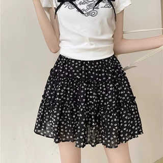 设计感碎花半身裙女夏季小众高腰A字裙甜美风蛋糕裙短裙黑色裙子