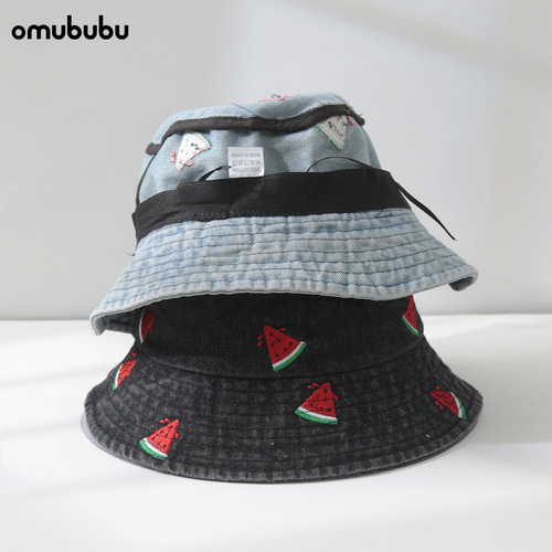 Watermelon Embroidered Denim Fisherman Hat for Men Wide Brim Sunshade Fashion Versatile Face-Smaller Fisherman Hat for Women Sun Protection Hat