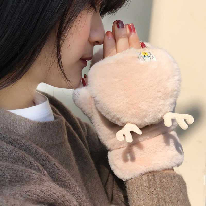 Winter Women's Fleece Cute Flap Mittens with Additional Fleece Thickenings Korean Style Ins Trendy Warm Finger-Exposed Half-Finger Student Cold-Proof
