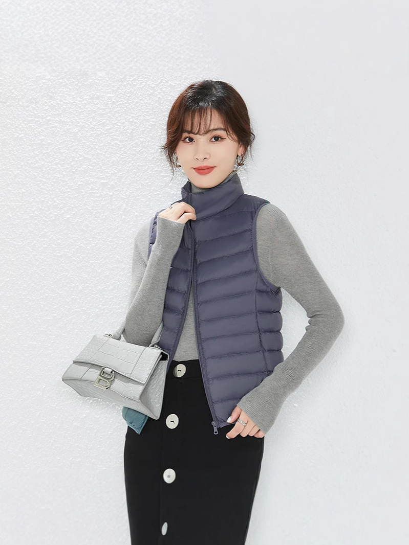 Tik Tok transfronterizo otoño y invierno nuevo tipo de chaqueta de plumón ligera para mujeres clip de caballo casual de moda chaleco de cuello de hombro vertical