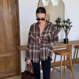 欧美跨境街头风格纹双口袋衬衫女2025秋冬季外搭休闲中长款衬衣女