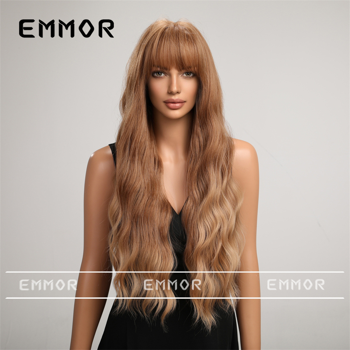 Peluca transfronteriza femenina pelo largo flequillo recto té de leche marrón ondulación del agua pelo largo y rizado temperamento simulación natural cubierta de la cabeza completa