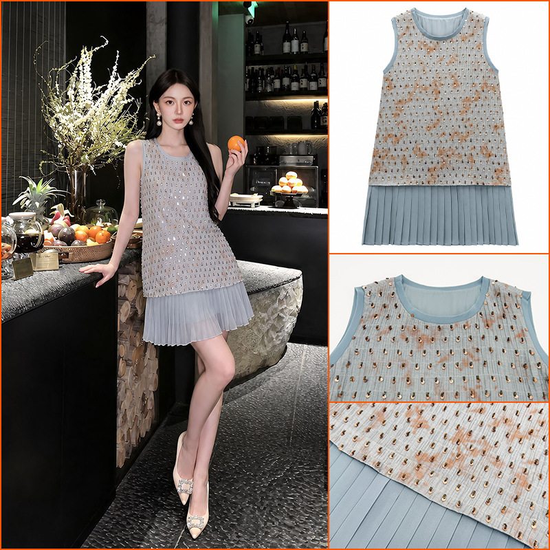 Retro Simple and Gentle Sleeveless Round-Neck Dress, New Chinese Style Heavy Sequin Textured Long Dress for Women P0605 Retro Simple and Gentle Sleeveless Round-Neck Dress, New Chinese Style Heavy Sequin Textured Long Dress for Women P0605