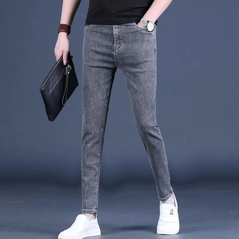 Светло-голубые мужские укороченные джинсы, летние эластичные модные универсальные облегающие зауженные 9-точечные тонкие мужские повседневные брюки