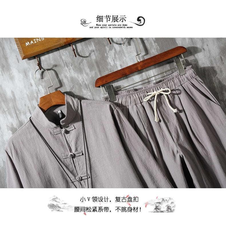 (2개) 중국 스타일 리넨 세트 남성 여름 세븐 슬리브 남성면 및 리넨 한푸 빈티지 탕 세트 중국 튜닉 코트 코트