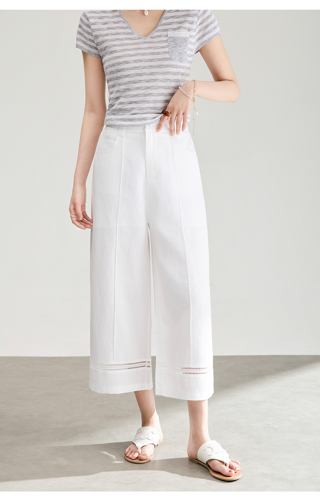 Quần culottes nữ ống rộng dáng dài 9 phần, chất liệu sợi gai dầu mỏng nhẹ mùa hè — màu xanh navy chi tiết 18