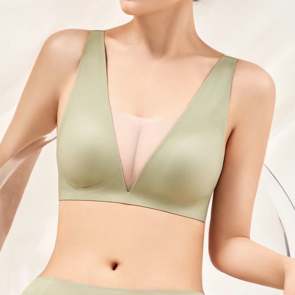 5555 popular tira de jalea soporte suave malla profunda V ligera ropa interior cómoda pecho grande que adelgaza el pecho pequeño empuja hacia arriba el sujetador