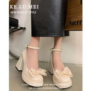 Bow Mary Jane High Heels Women's Spring French Small Leather Shoes Waterproof Platform Thick Heel White Wedding Shoes with Skirt Flats