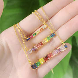 跨境欧美新品配饰时尚气质百搭铜镶彩色圆锆石吊坠项链女ins锁骨