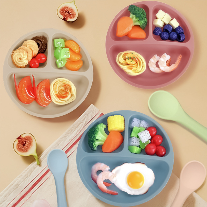 Children's Silicone Dinner Plate, Silicone Food Supplement, Reinforced Suction Cup, Divided Bowl Tableware, Infant and Toddler