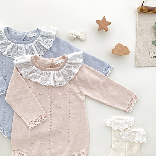Cutemily Baby Girl Knitted Jumpsuit Ruffled Collar Romper Girls' Thin Spring and Autumn Long-Sleeved Embroidered Triangle Bodysuit