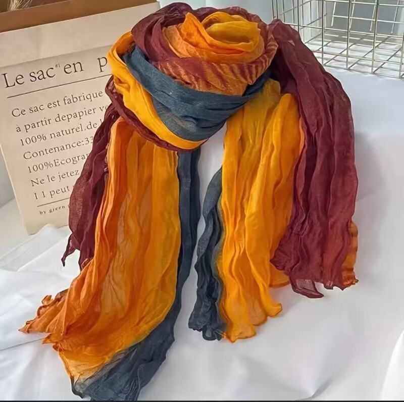 Bali gauze thin pleated silk scarf for women, 2025 new gradient color sunscreen scarf, suitable for travel and stylish accessorizing