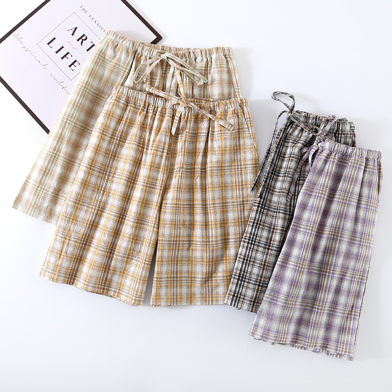 Pajama Pants Shorts Men's Summer Washed Cotton Thin All-Cotton Japanese Style Plaid Large Size Loose Casual Home Pants