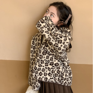 Girls' Leopard Print Fur Coat 2023 Autumn and Winter New Children's Wear Children's Western Style Collar Lamb Wool Jacket