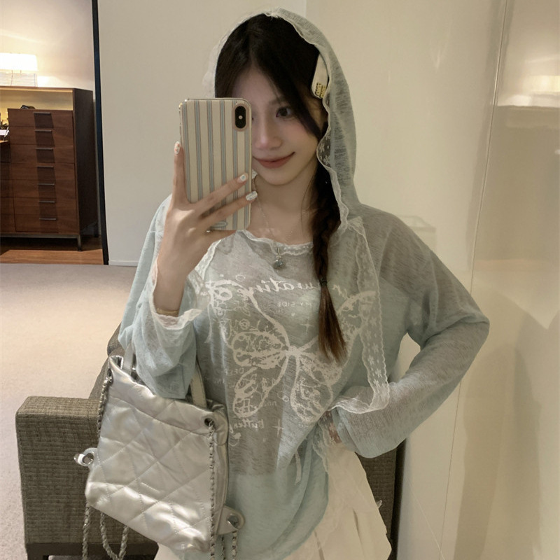 Lace Trim Patchwork Hooded Sun Protection Cover-Up Women's Autumn Lightweight Breathable Butterfly Print Long-Sleeve T-Shirt