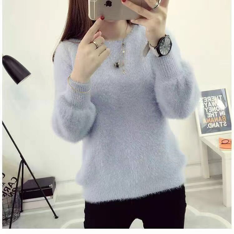 Imitation Mink Sweater, Korean Style Pullover, Solid Color, Slimming Mohair, Loose Long-Haired Sweater for Women, Thickened Base Layer