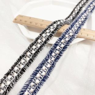 Factory direct 2cm wide black and white mixed color blue and white bilateral tassel style diy lace accessories slippers woven