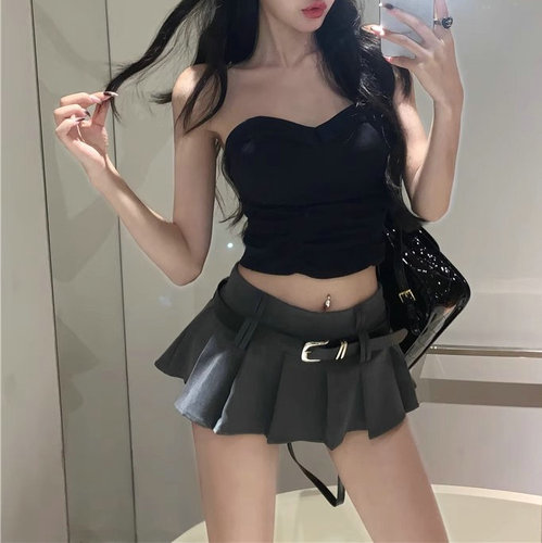 2025 American-style high-waisted mini skirt for petite figures, summer ultra-short skirt pants for trendy girls, pleated A-line skirt with versatile pure desire style
