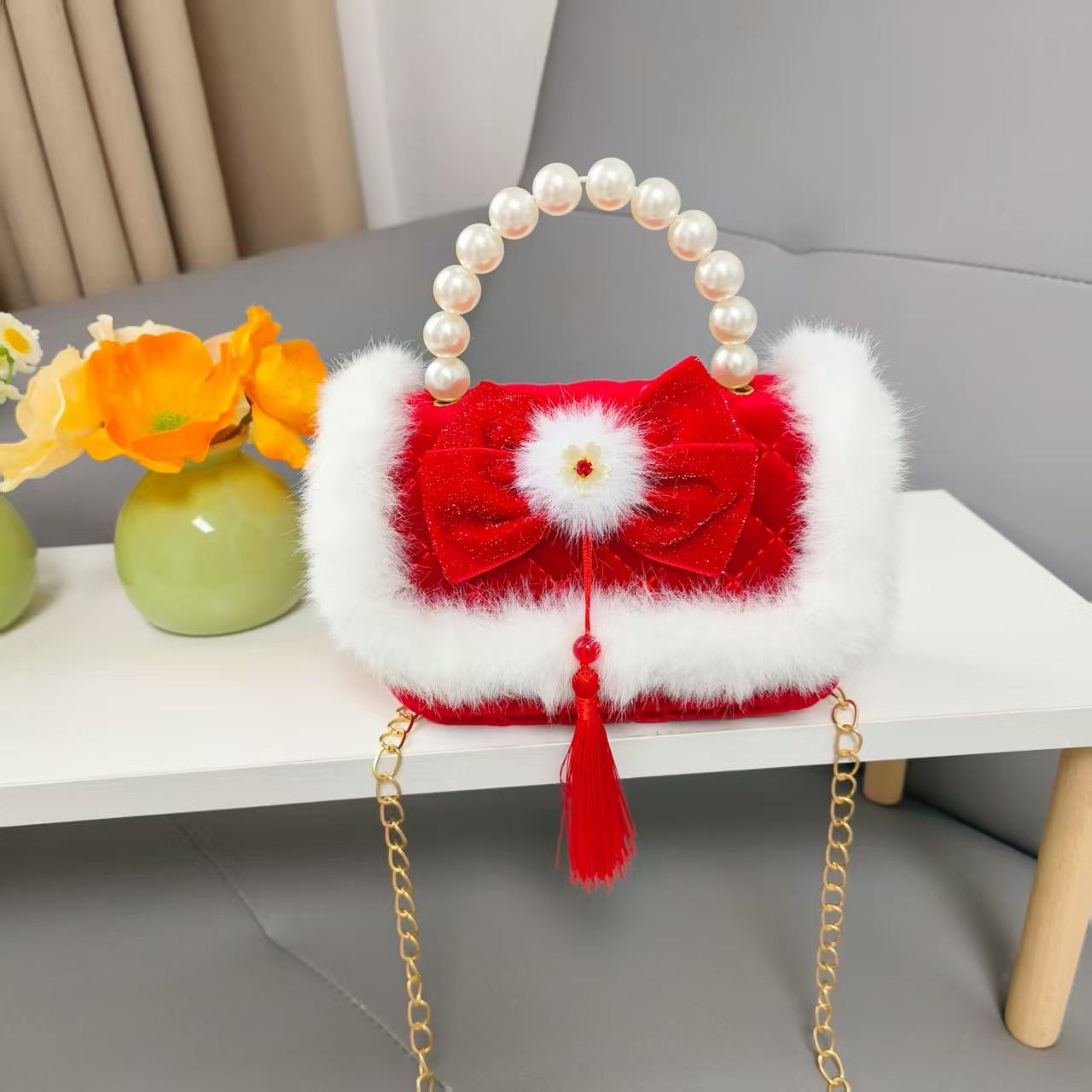 Bolso de la princesa portátil de perlas de Año Nuevo gran rojo para niños bolso de Año Nuevo bolso de chicas bolso de cadena pequeña bolsa de accesorios de viento fragante