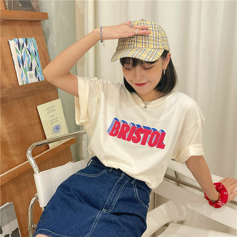 2026 Summer Pure Cotton Loose Short-Sleeved T-Shirt for Women with Hong Kong Style Chic Casual Versatile Base Shirt with Letter Print 2026 Summer Pure Cotton Loose Short-Sleeved T-Shirt for Women with Hong Kong Style Chic Casual Versatile Base Shirt with Letter Print