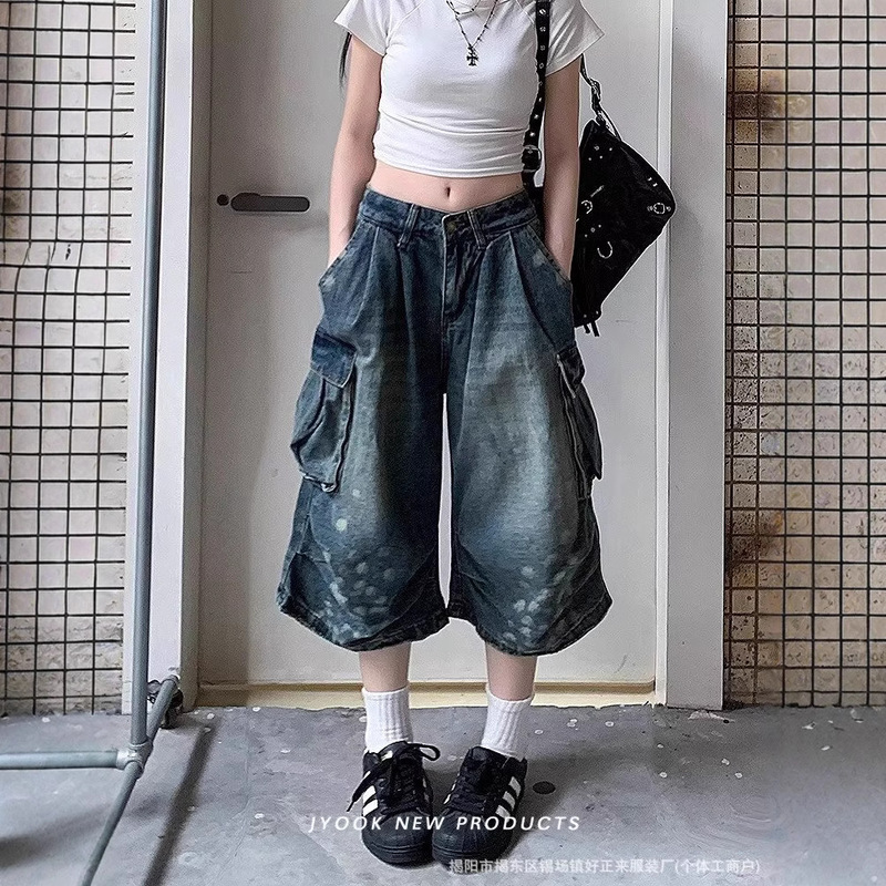 American Retro Large Size Washed Splash Ink Multi-Pocket Cargo Jeans Unisex Straight Loose Wide-Leg Cropped Pants