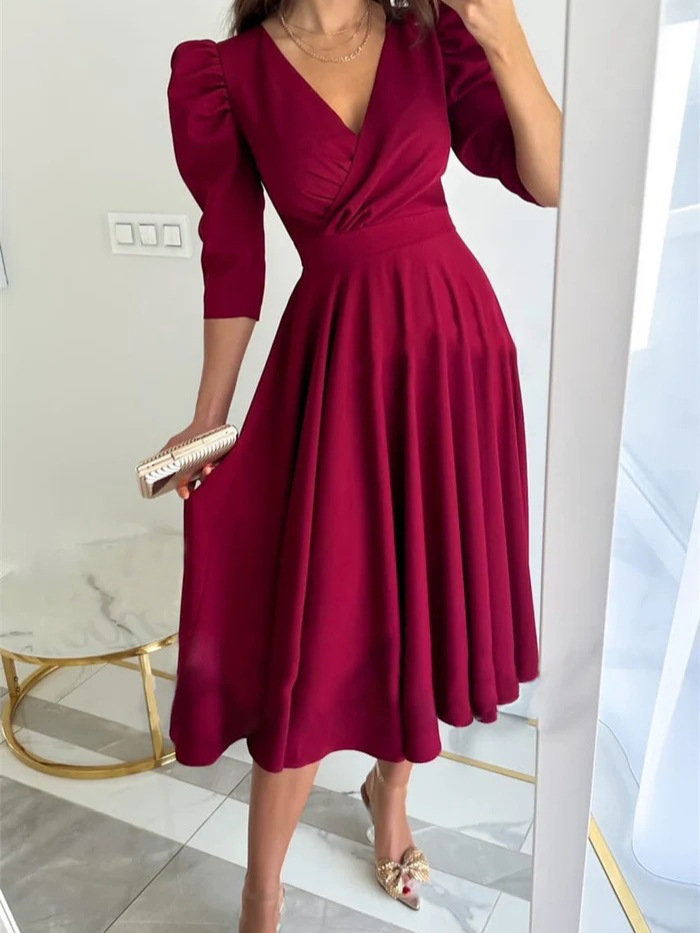 2025 Cross-Border Amazon Aliexpress New Pure Color V Neck Waist Bubble Three-Quarter Sleeve Long Dress