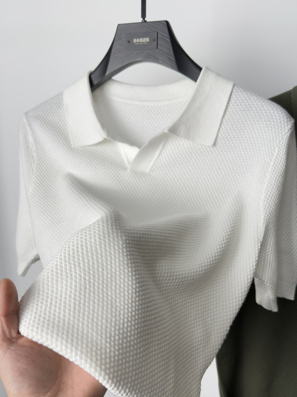 高級綿カモメ襟ポロシャツメンズ半袖2025夏新作パイナップル柄ニットラペルTシャツトレンディ|undefined
