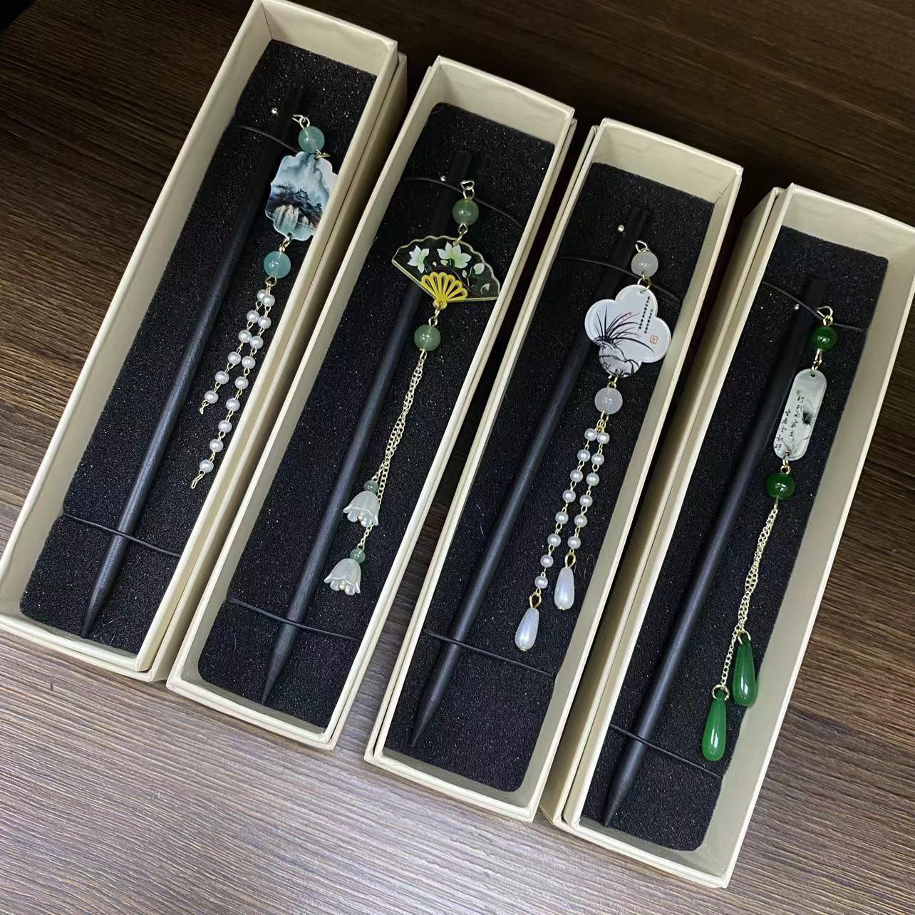 水墨畫古風髮簪新中式高級感木簪女日常盤髮簪子漢服流蘇髮釵頭飾