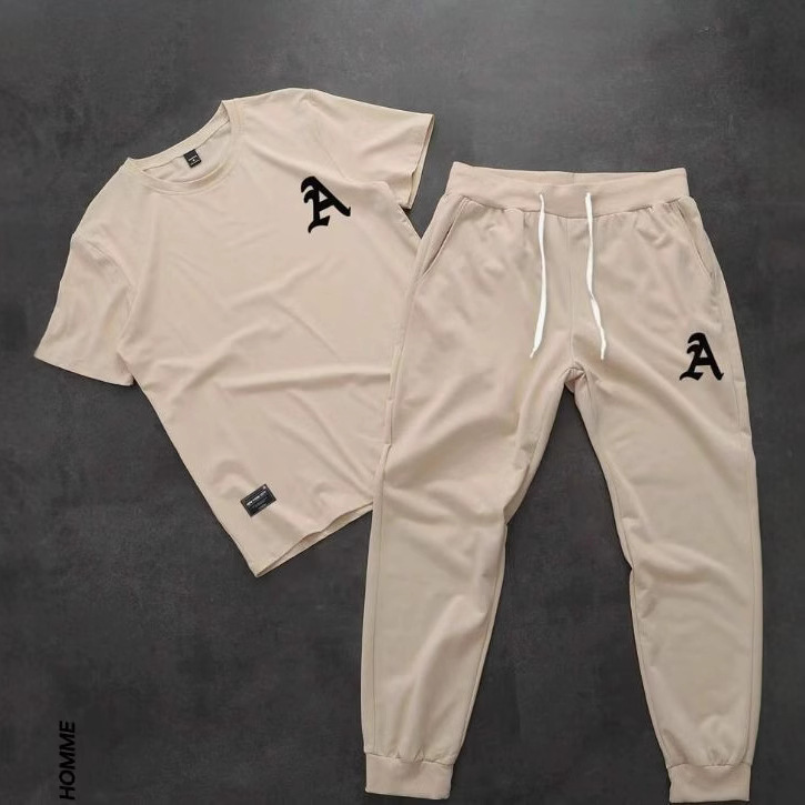 套装A字母套装圆领上衣松紧长裤