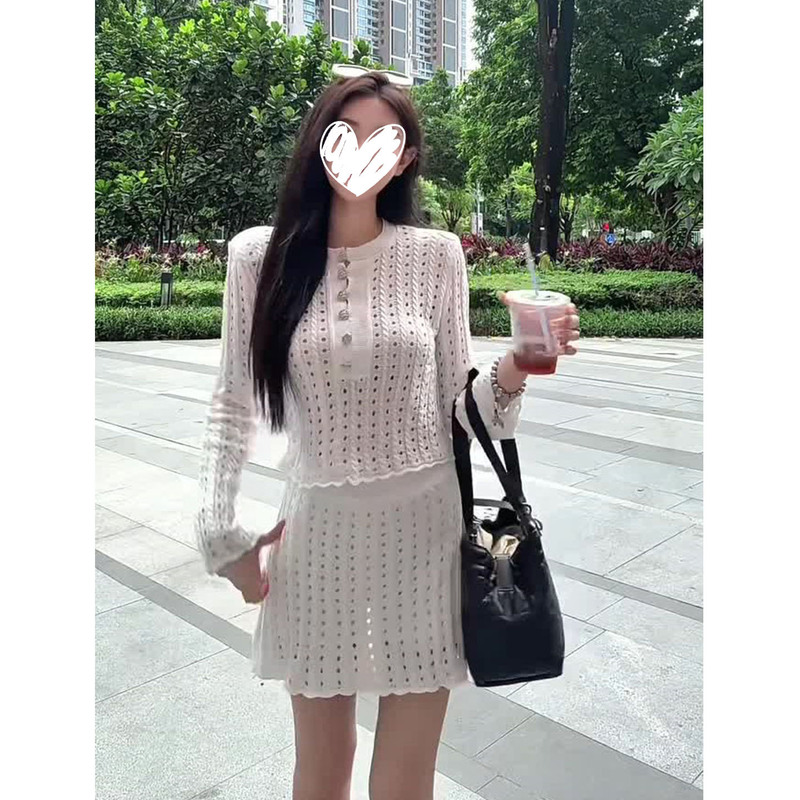 气质千金穿搭女白色长袖镂空针织短上衣短裙早秋新款宽松两件套装|undefined