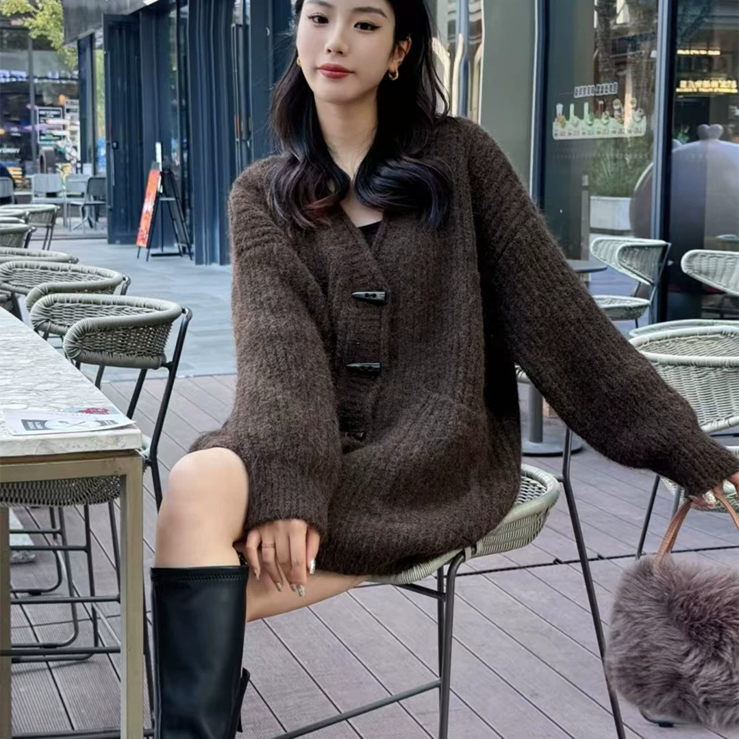 Модный ретро-кардиган, свитер, демисезонная knitted куртка для отдыха, V-образный вырез, корейский стиль