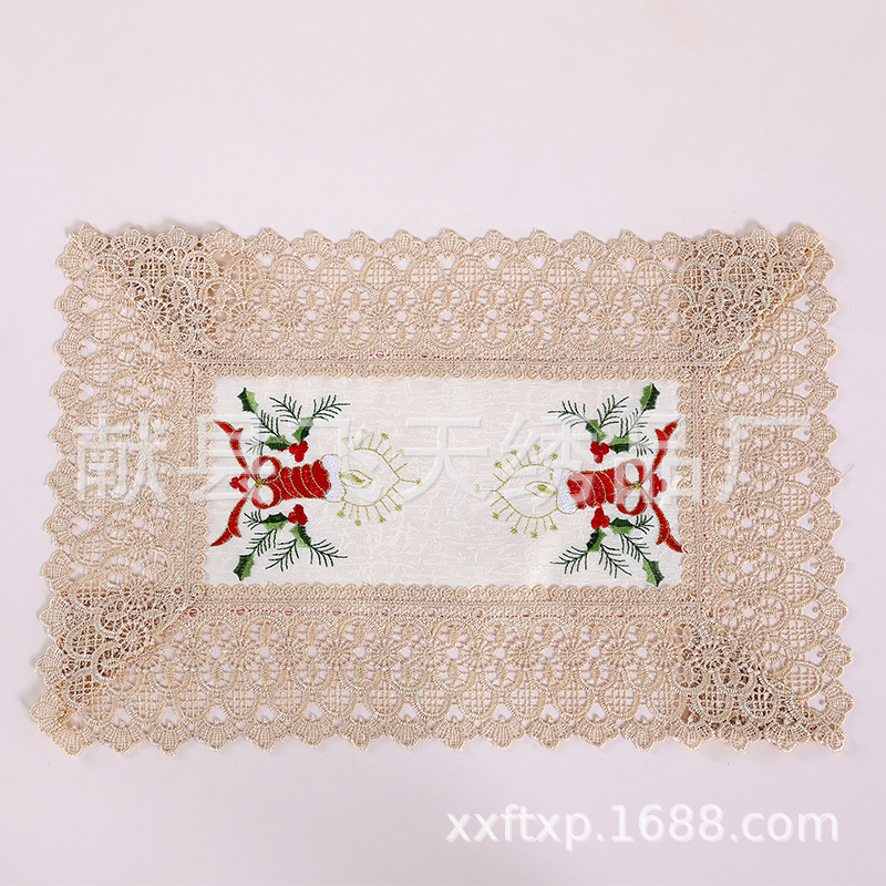 ヨーロピアンスタイルの刺繍レースの赤いプレースマット、布製の水溶性レース、茶器カバー、多用途の長方形のティーテーブル防塵布|undefined